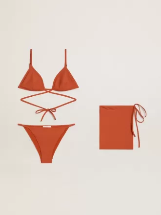 Damen-Bikini aus ziegelrotem geripptem Jersey mit Schnürung und goldenen Details