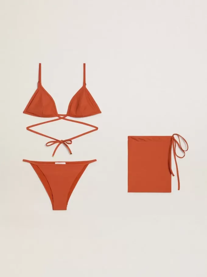 Damen-Bikini aus ziegelrotem geripptem Jersey mit Schnürung und goldenen Details