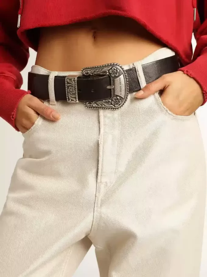Damen-Gürtel aus schwarzem Leder mit Nieten