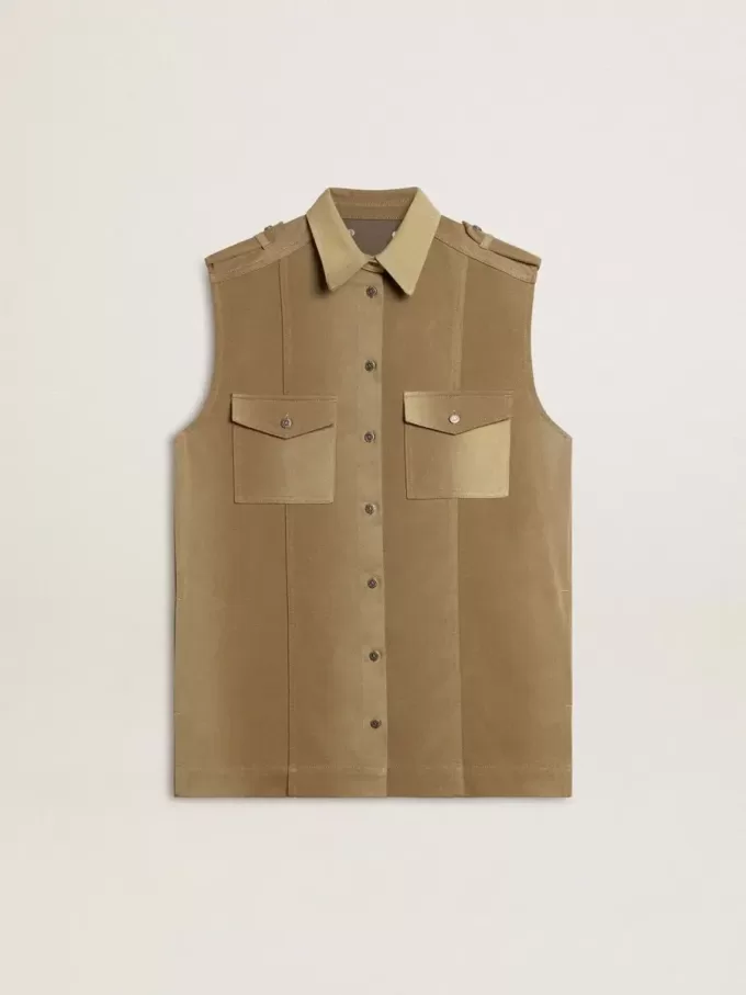 Damen-Hemdkleid aus sandfarbenem Denim mit militärischen Details Damen-Hemdkleid aus sandfarbenem Denim mit militärischen Details