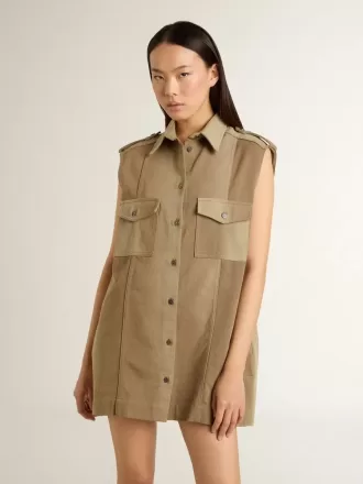 Damen-Hemdkleid aus sandfarbenem Denim mit militärischen Details