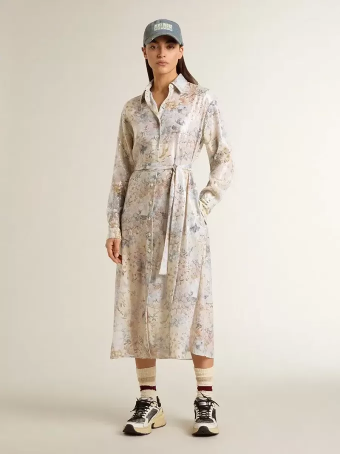 Damen-Hemdkleid mit mehrfarbigem Blumenprint aus Pailletten