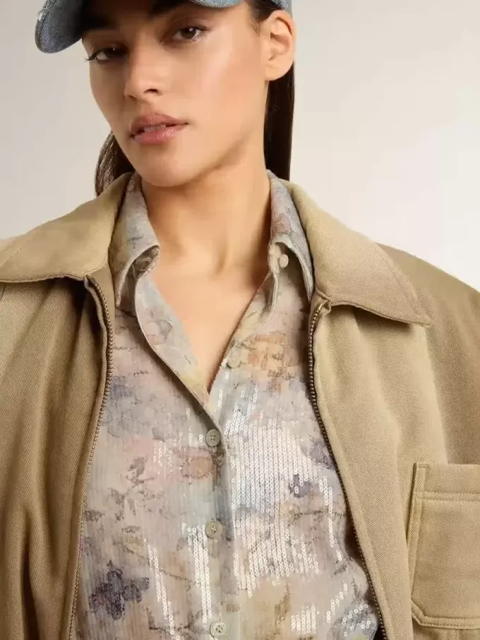 Damen-Hemdkleid mit mehrfarbigem Blumenprint aus Pailletten