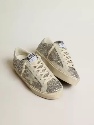 Damen-Hi-Star in Silberglitter mit Stern aus Wildleder und weißer Fersenlasche