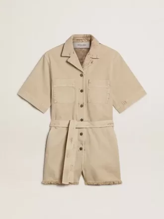 Damen-Jumpsuit aus beigem Denim mit Gürtel und ausgefranstem Saum