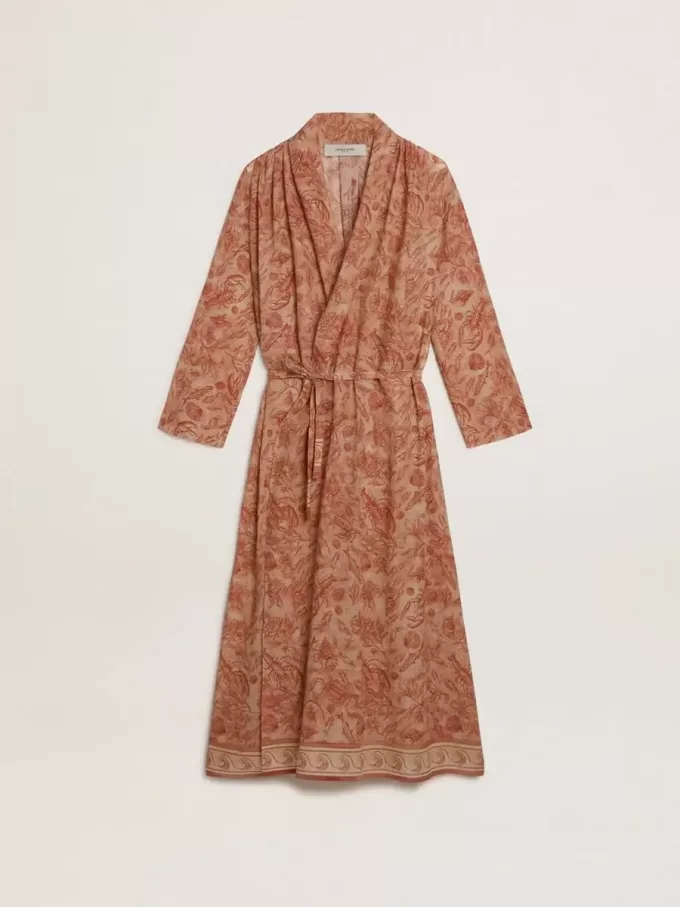 Damen-Kaftan aus Baumwollvoile mit durchgehendem ziegelrotem Marine-Print Damen-Kaftan aus Baumwollvoile mit durchgehendem ziegelrotem Marine-Print