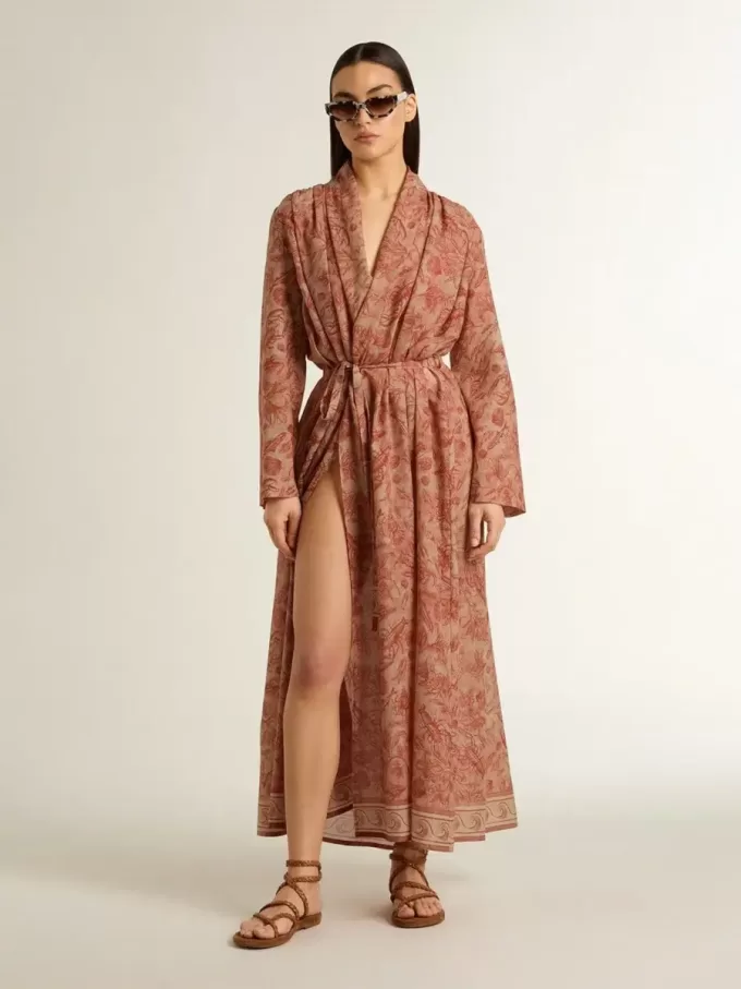 Damen-Kaftan aus Baumwollvoile mit durchgehendem ziegelrotem Marine-Print Damen-Kaftan aus Baumwollvoile mit durchgehendem ziegelrotem Marine-Print