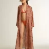 Damen-Kaftan aus Baumwollvoile mit durchgehendem ziegelrotem Marine-Print Damen-Kaftan aus Baumwollvoile mit durchgehendem ziegelrotem Marine-Print