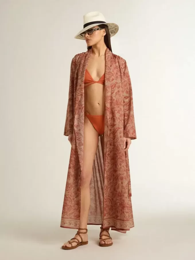 Damen-Kaftan aus Baumwollvoile mit durchgehendem ziegelrotem Marine-Print Damen-Kaftan aus Baumwollvoile mit durchgehendem ziegelrotem Marine-Print