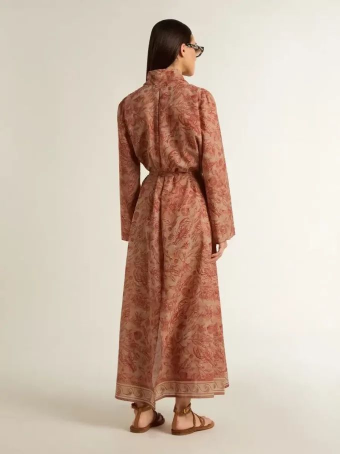 Damen-Kaftan aus Baumwollvoile mit durchgehendem ziegelrotem Marine-Print Damen-Kaftan aus Baumwollvoile mit durchgehendem ziegelrotem Marine-Print