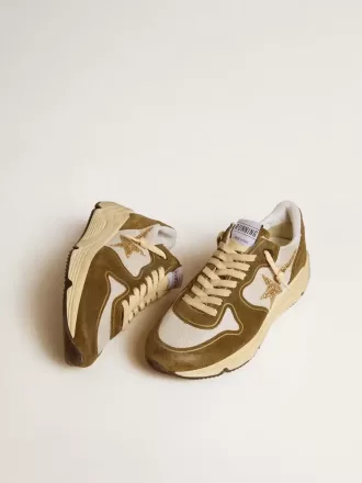Damen-Laufsohle aus braunem Wildleder und Mesh mit goldenem Glitzerstern