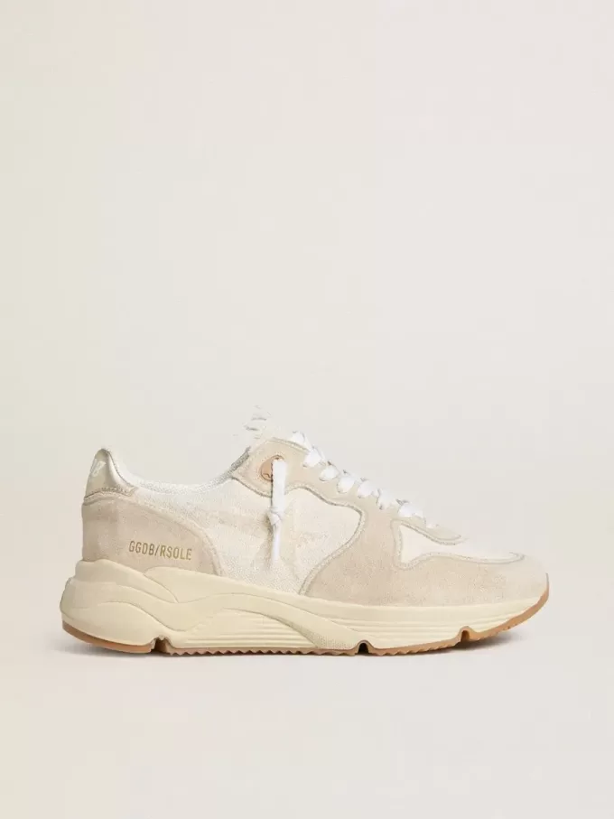 Damen-Laufsohle aus Canvas mit beigem Stern und Fersenlasche aus platinfarbenem Metallic-Leder
