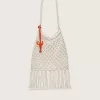 Damen-Makramee-Tasche aus butterfarbener Baumwolle mit Leder-Hummer-Anhänger