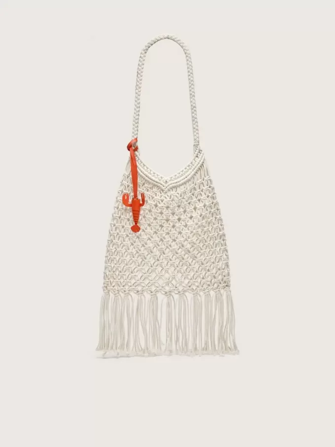 Damen-Makramee-Tasche aus butterfarbener Baumwolle mit Leder-Hummer-Anhänger