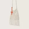 Damen-Makramee-Tasche aus butterfarbener Baumwolle mit Leder-Hummer-Anhänger