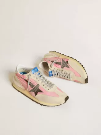 Damen-Marathon aus rosa Nylon und beigem Wildleder mit schwarzem Sternaufdruck
