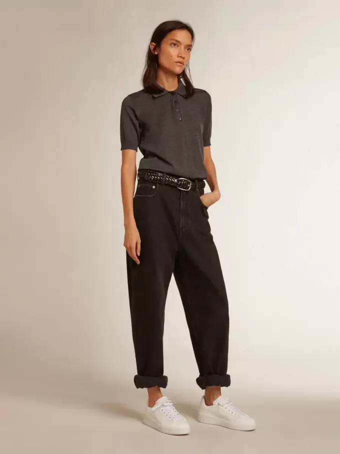 Damen-Poloshirt aus anthrazitfarbener Merinowolle