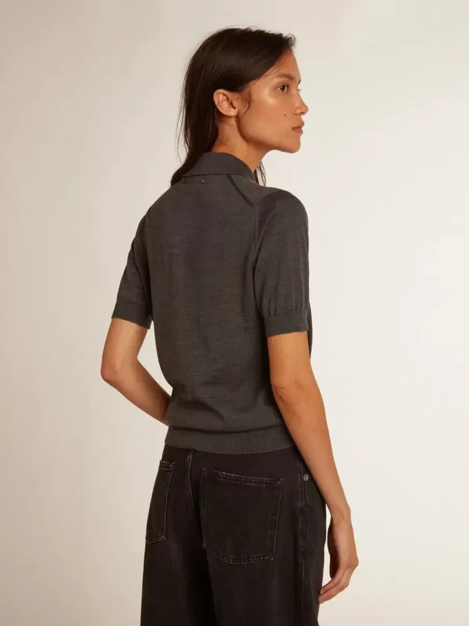 Damen-Poloshirt aus anthrazitfarbener Merinowolle
