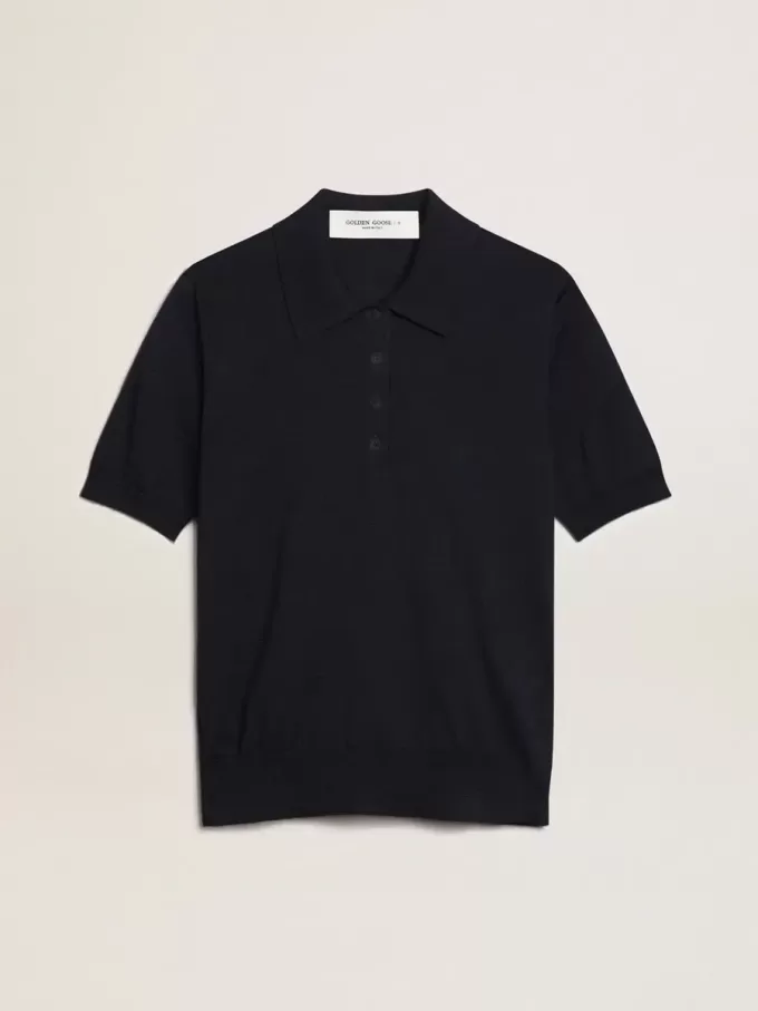 Damen-Poloshirt aus marineblauer Merinowolle