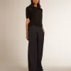 Damen-Poloshirt aus schwarzer Merinowolle