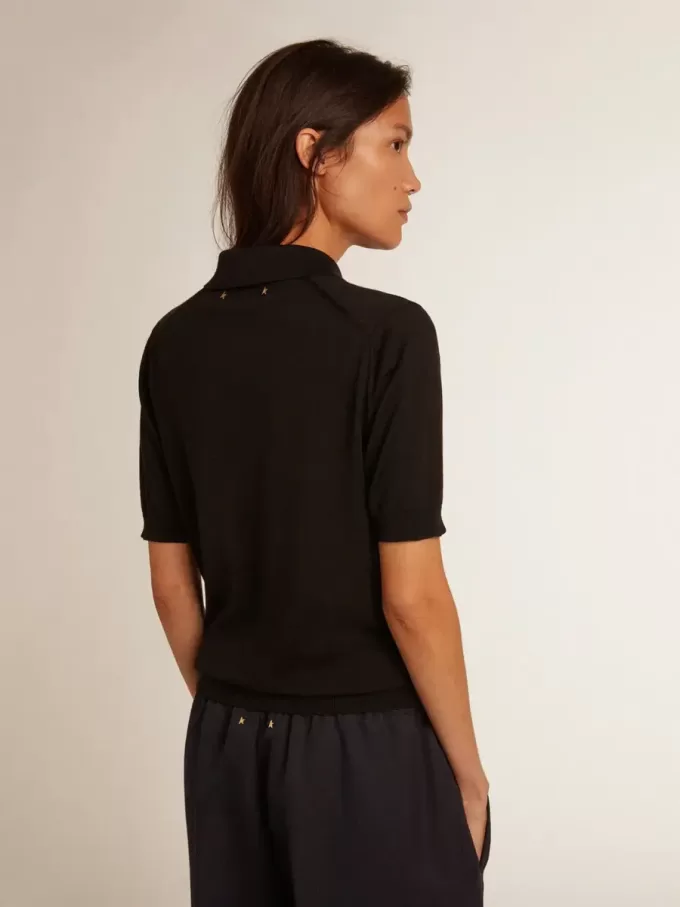 Damen-Poloshirt aus schwarzer Merinowolle