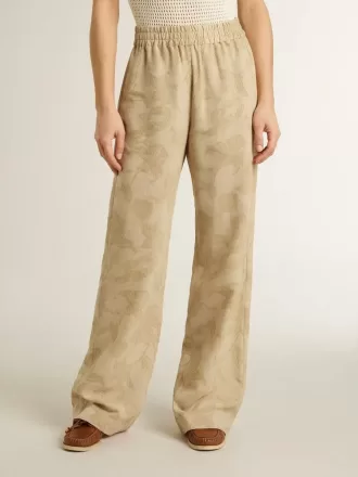 Damen-Pyjama-Hose aus beigem Jacquard mit Blumenmuster