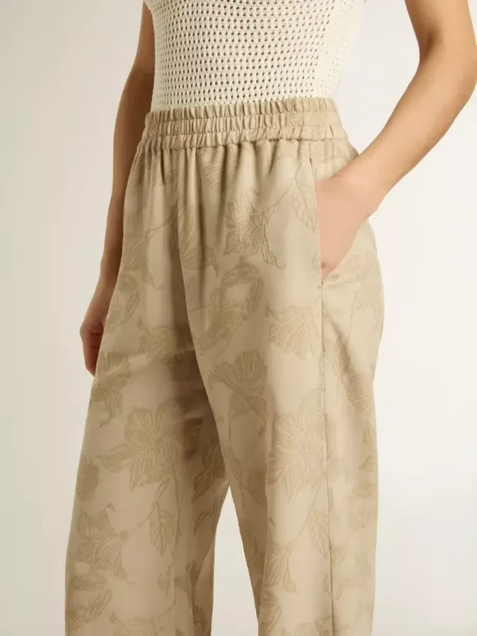 Damen-Pyjama-Hose aus beigem Jacquard mit Blumenmuster Damen-Pyjama-Hose aus beigem Jacquard mit Blumenmuster
