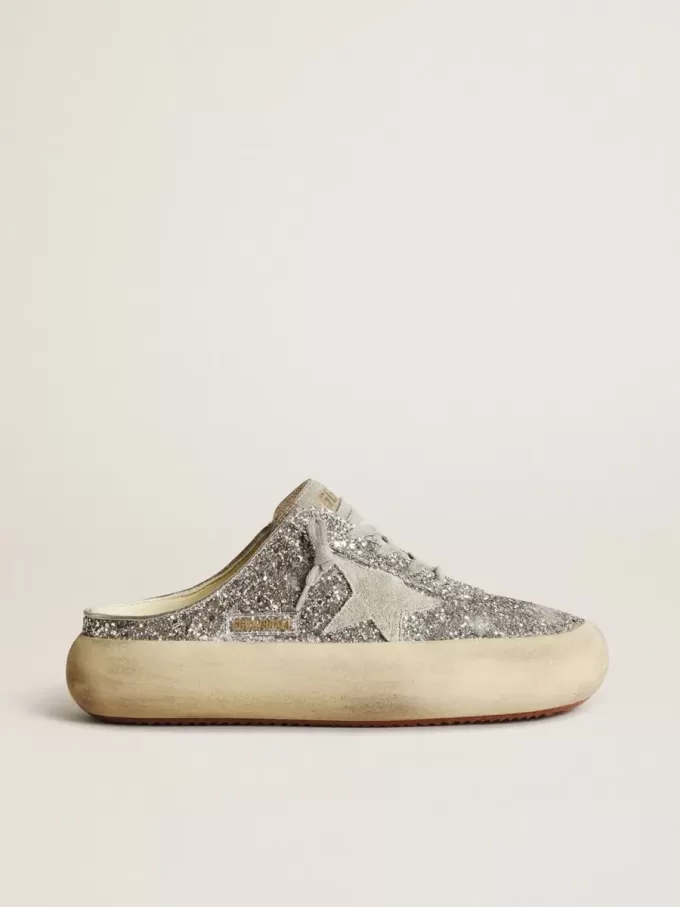 Damen-Sabot „Space-Star” in Glitzeroptik mit eisgrauem Stern und Lasche