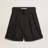 Damen-Shorts aus schwarzer Wollgabardine mit Taillengürtel