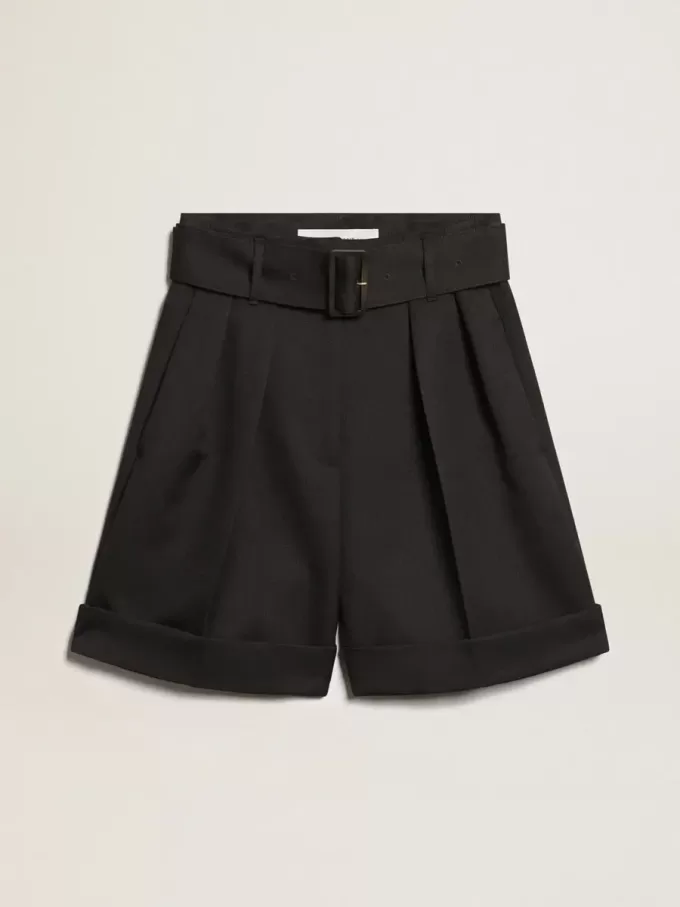 Damen-Shorts aus schwarzer Wollgabardine mit Taillengürtel
