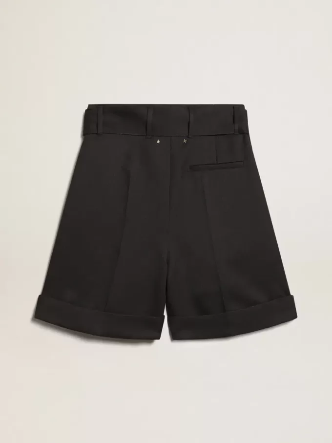 Damen-Shorts aus schwarzer Wollgabardine mit Taillengürtel