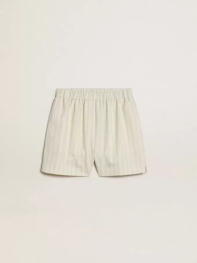 Damen-Shorts aus Wollmischung mit weißen und grauen Nadelstreifen Damen-Shorts aus Wollmischung mit weißen und grauen Nadelstreifen
