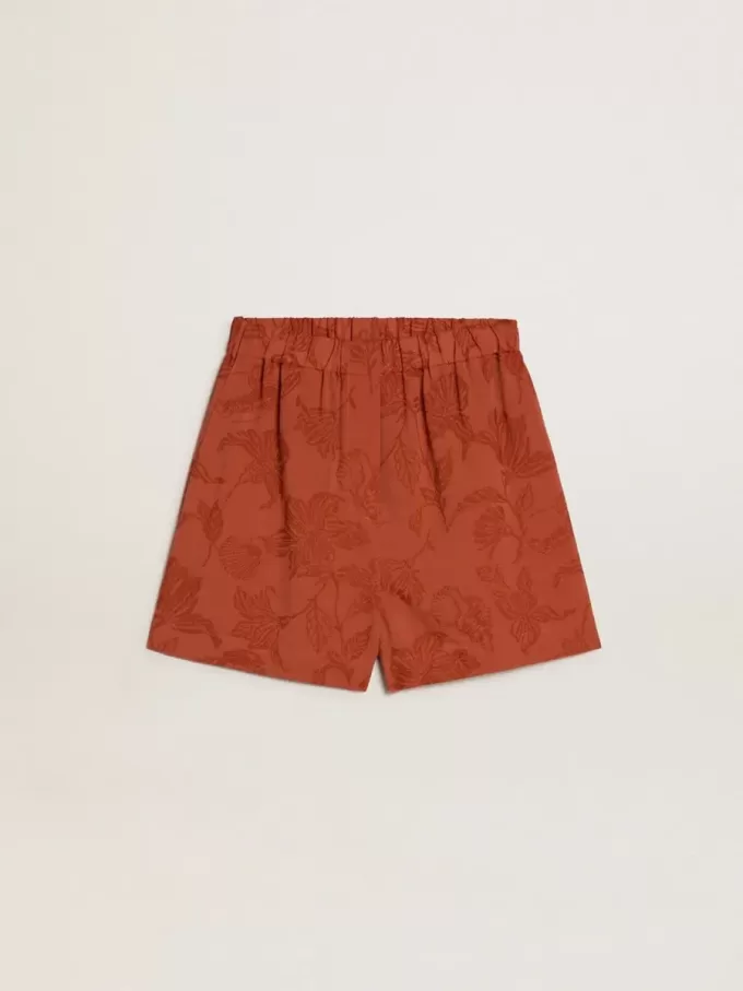 Damen-Shorts aus ziegelrotem Jacquard mit maritimem Blumenmuster