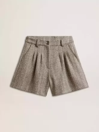 Damen-Shorts in Ecru-Braun aus Wollstoff mit Fischgrätenmuster