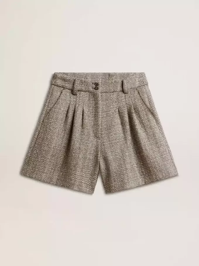 Damen-Shorts in Ecru-Braun aus Wollstoff mit Fischgrätenmuster