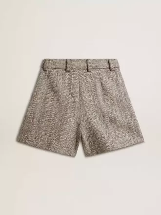 Damen-Shorts in Ecru-Braun aus Wollstoff mit Fischgrätenmuster