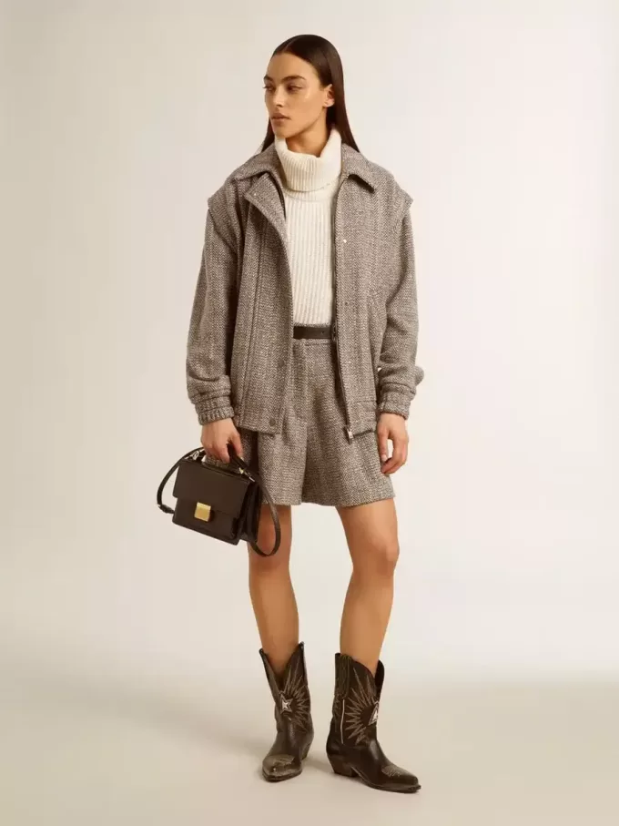 Damen-Shorts in Ecru-Braun aus Wollstoff mit Fischgrätenmuster