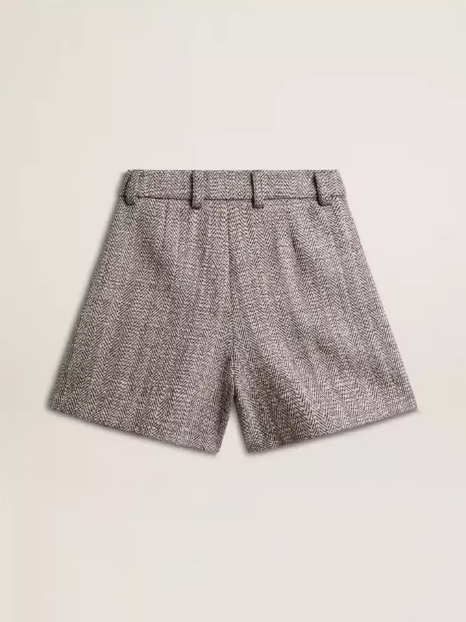 Damen-Shorts in Ecru-Braun aus Wollstoff mit Fischgrätenmuster
