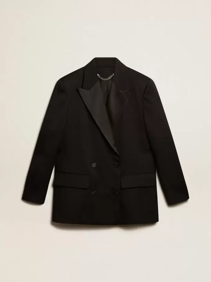 Damen-Smokingjacke aus schwarzer Wollgabardine