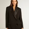 Damen-Smokingjacke aus schwarzer Wollgabardine