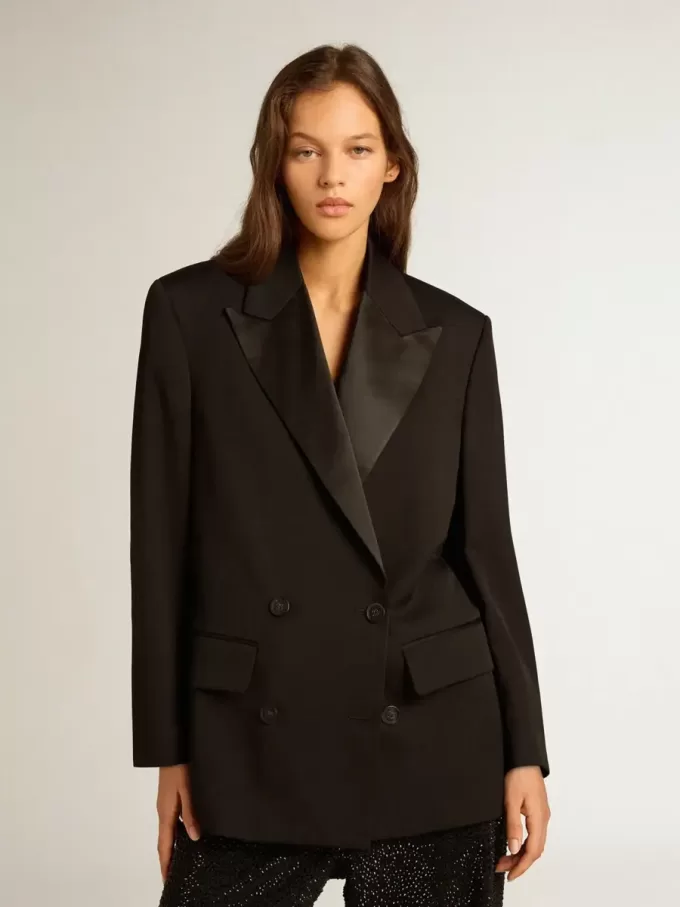 Damen-Smokingjacke aus schwarzer Wollgabardine