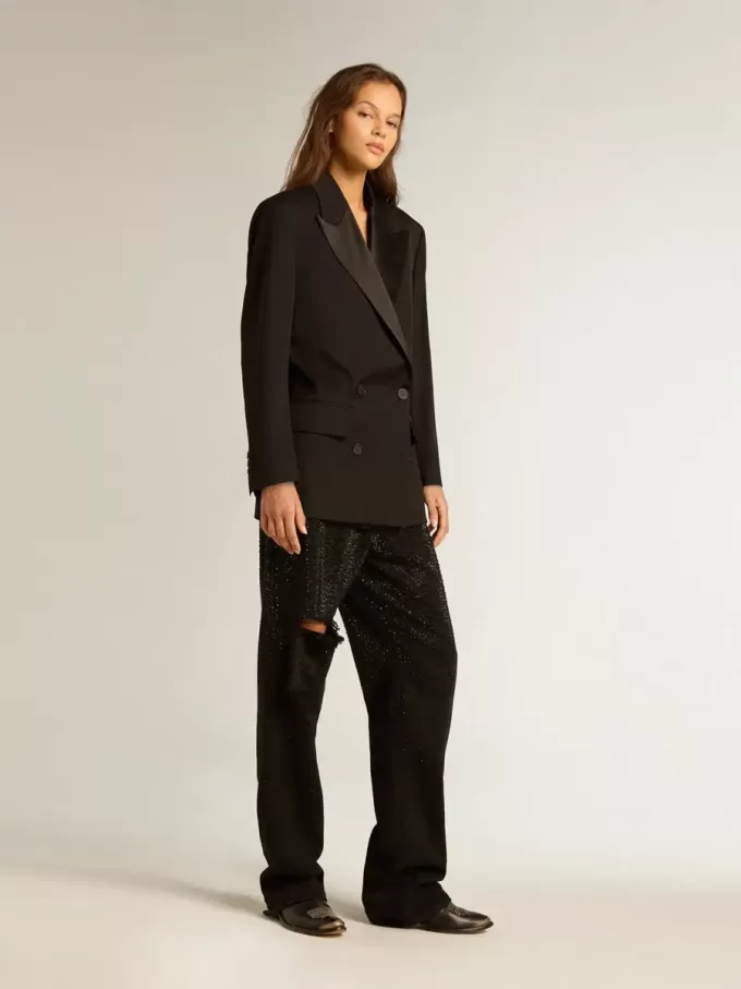 Damen-Smokingjacke aus schwarzer Wollgabardine