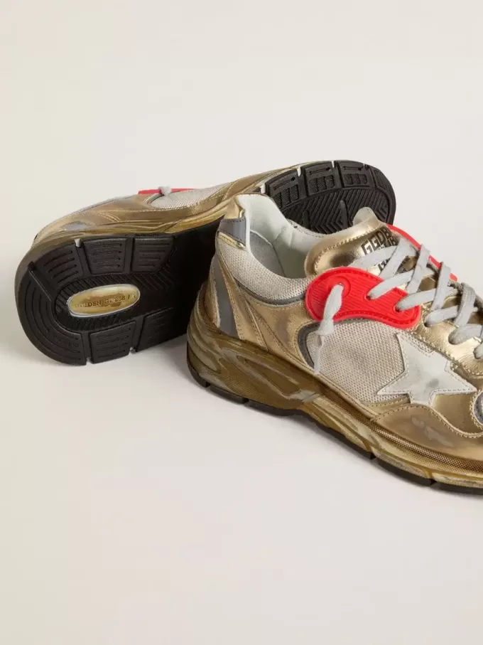 Damen-Sneaker Dad-Star aus Mesh und goldfoliertem Leder mit weißem Lederstern Damen-Sneaker Dad-Star aus Mesh und goldfoliertem Leder mit weißem Lederstern