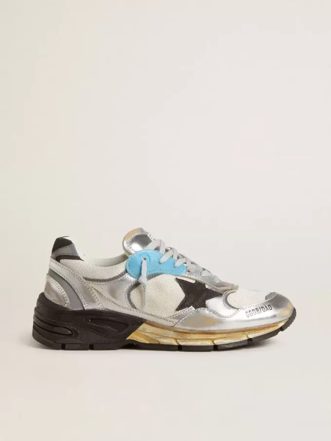 Damen-Sneaker Dad-Star aus Mesh und silberfarbenem Folienleder mit schwarzem Wildlederstern