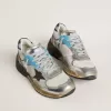 Damen-Sneaker Dad-Star aus Mesh und silberfarbenem Folienleder mit schwarzem Wildlederstern