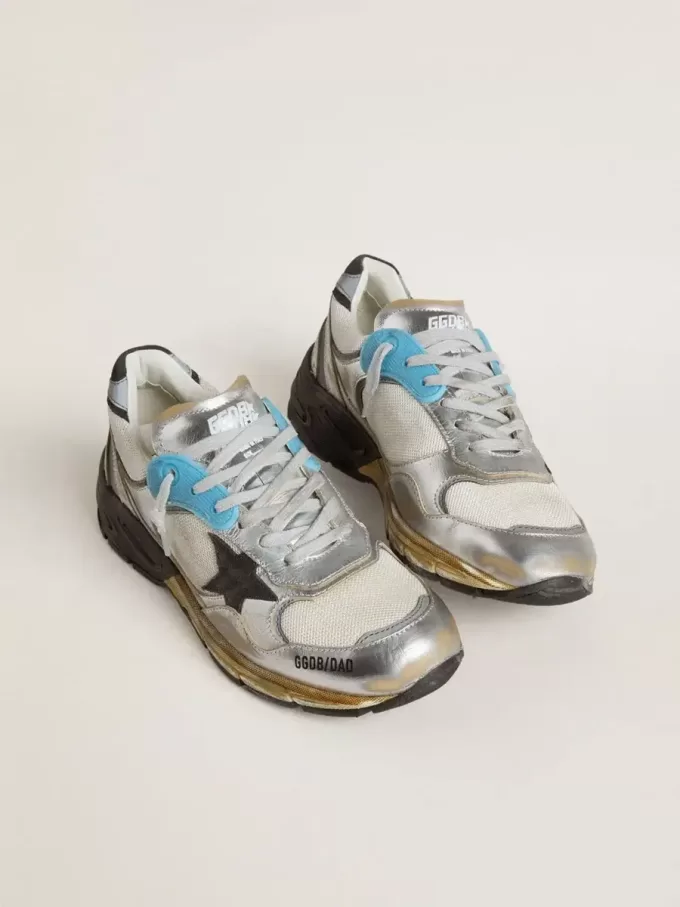 Damen-Sneaker Dad-Star aus Mesh und silberfarbenem Folienleder mit schwarzem Wildlederstern