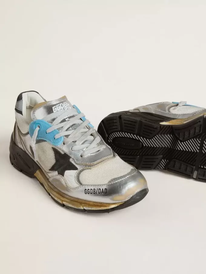 Damen-Sneaker Dad-Star aus Mesh und silberfarbenem Folienleder mit schwarzem Wildlederstern