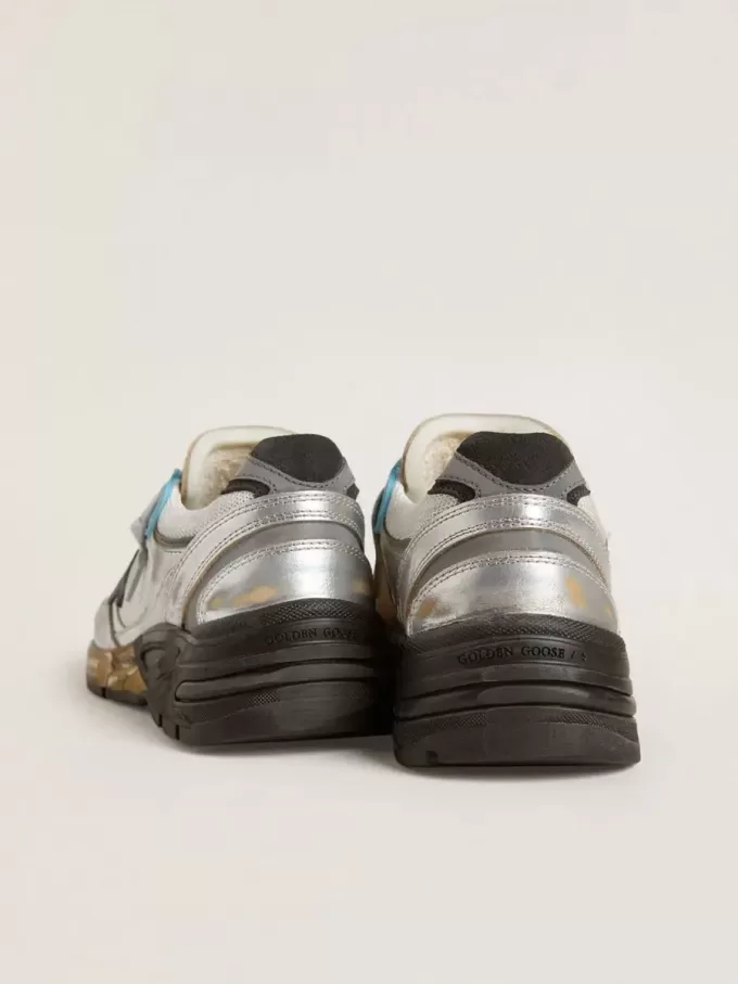 Damen-Sneaker Dad-Star aus Mesh und silberfarbenem Folienleder mit schwarzem Wildlederstern