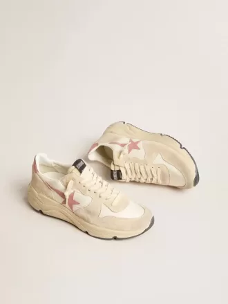 Damen-Sneaker „Running Sole” aus beigem Nylon mit rosa Lederstern und Fersenlasche