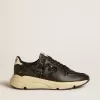Damen-Sneaker „Running Sole” in Schwarz mit Glitzer, Lederstern und Fersenlasche aus Nubukleder